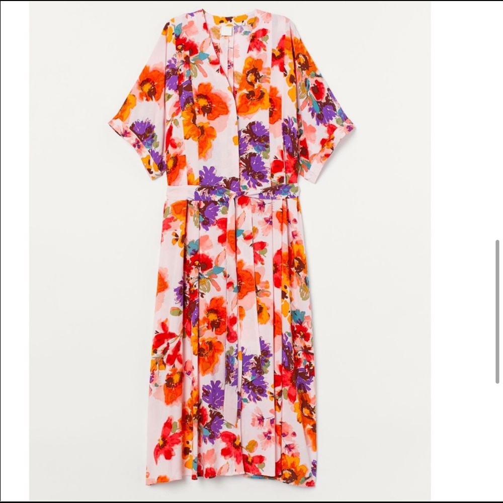 H&M Bright Floral Kaftan Dress XXL Belted Short Sleeve Pink Orange Purple
